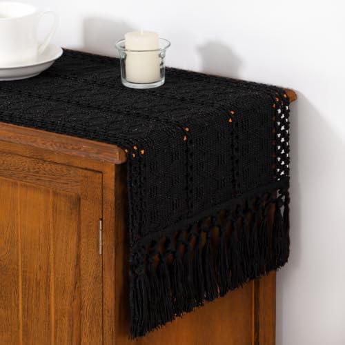 DeZerlor Black Boho Macrame Farmhouse Table Runner 12 x 60 Inches with Tassels