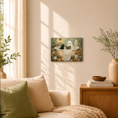 Halloween Bathroom Wall Art Decor H19 Spooky Ghost Black Cat Bathtub Canvas Wall Decoration
