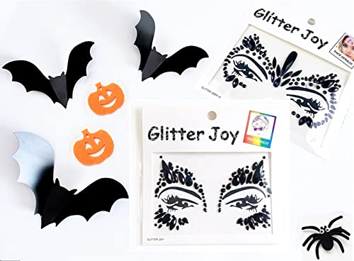 Black Halloween Face Gems Collection 3 - 2 Sheets Resin Glitter Stickers for Face Makeup & Decorations
