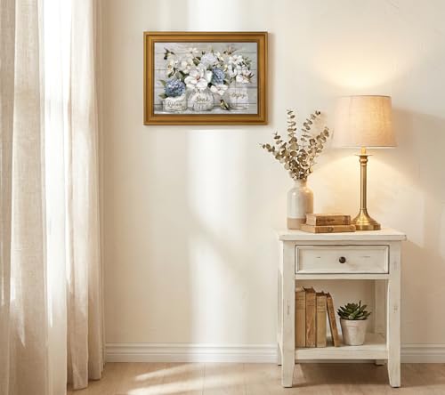 Hydrangea & Hummingbird Floral Canvas Wall Art - Rustic Bathroom & Living Room Decor 11x9in