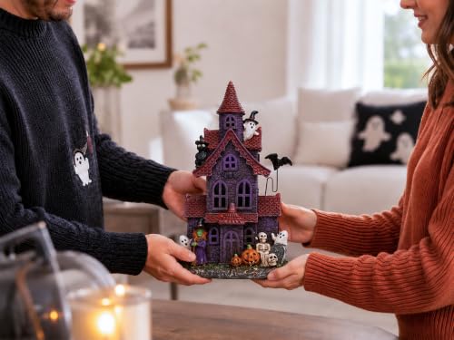 Halloween Village Figurine Set - Haunted House Decor with Purple Lights