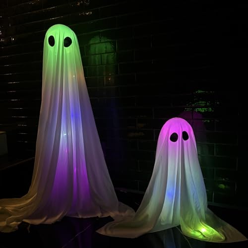 Outdoor Halloween Ghost Decorations Set - 36" & 18" Spooky Light-Up Ghosts with RGB Lighting & Timer