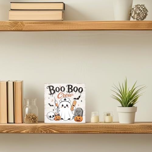 Funny Boo Boo Crew Halloween Ghost Wooden Sign - Rustic Home Decor - Orange-White 2