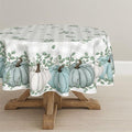 70x70 Inch Round Blue Fall Tablecloth with Pumpkin & Buffalo Plaid for Thanksgiving & Holiday Decor - Durable Polyester
