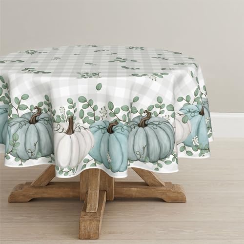 70x70 Inch Round Blue Fall Tablecloth with Pumpkin & Buffalo Plaid for Thanksgiving & Holiday Decor - Durable Polyester