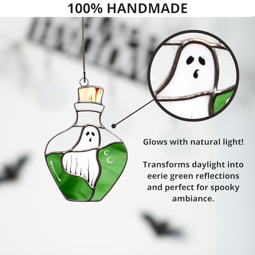 Ghost in a Bottle Halloween Stained Glass Suncatcher - Spooky Window Decor - Variation of THIS listing
