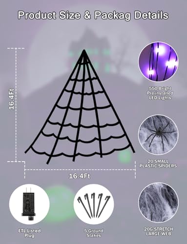 Purple Outdoor Spider Web Lights - 16.4Ft Waterproof 550 LEDs, 8 Modes Halloween Decoration