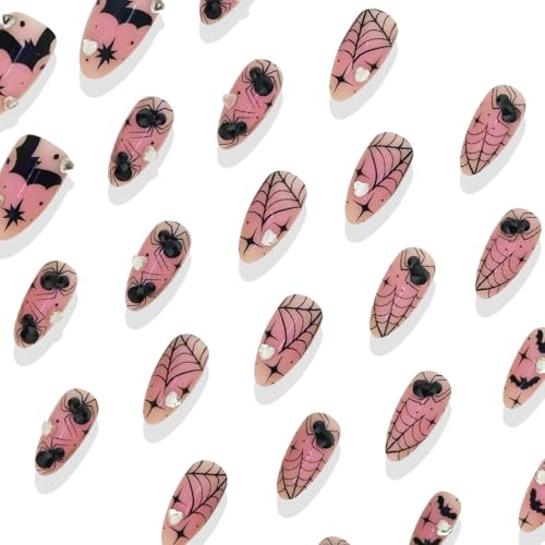 Halloween Press On Nails - Medium Almond Fake Nails with Bat & Spider Charms, 30pcs, Variation 27