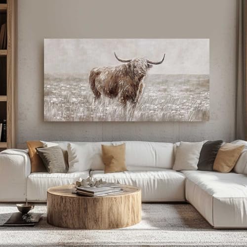 Highland Cow Canvas Wall Art Rustic Decor - Brown, 48 x 24 Inches