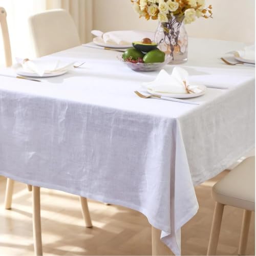 White Linen Tablecloth 60x84 Inches - Textured Dining Cover for Indoor & Outdoor Use