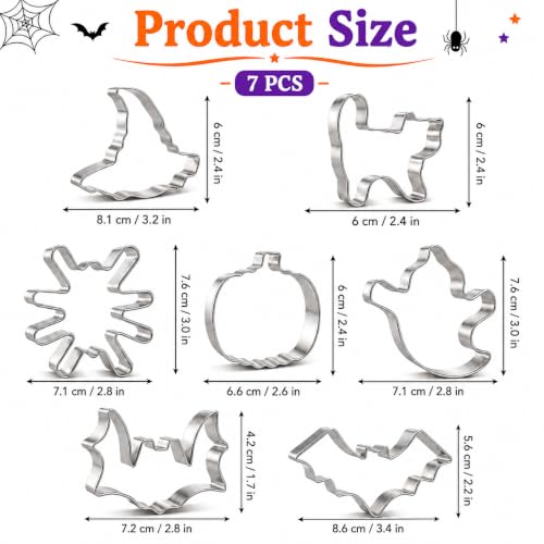 Halloween Cookie Cutter Set 7 Pieces Ghost Bat Pumpkin Cat Witch Hat Spider Food Grade Stainless Steel