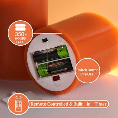 Eywamage Burnt Orange Fall Halloween Flameless Pillar Candles with Remote Set of 3