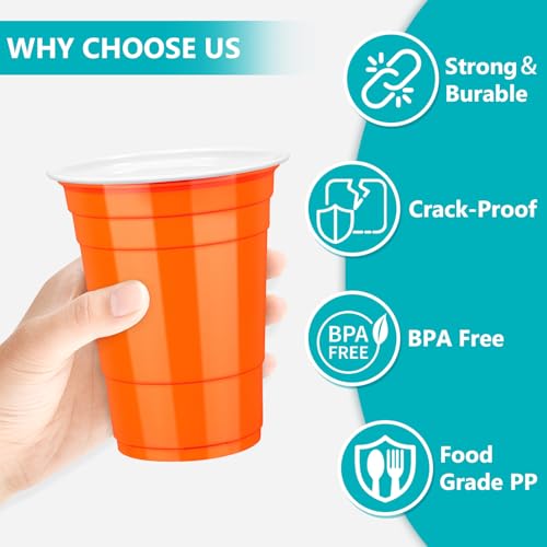 LANLISA 16 oz Orange Disposable Plastic Cups - 100 Pack for Parties