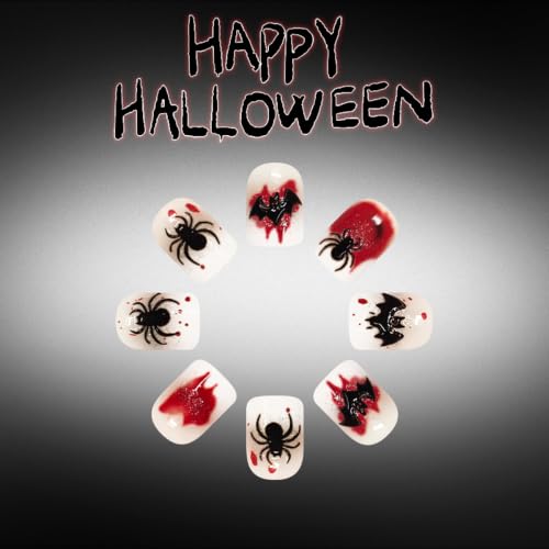 Halloween Square Press On Nails Blood Splash Spider Bat Design - Variation 10