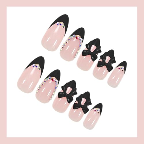 Press On Nails Short Almond Fake Nails with 3D Black Bow Rhinestones - Design J1