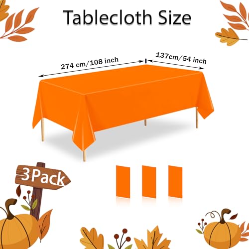 Orange Plastic Tablecloth 3 Pack - 54 x 108 Inch Disposable Rectangle Cover B01
