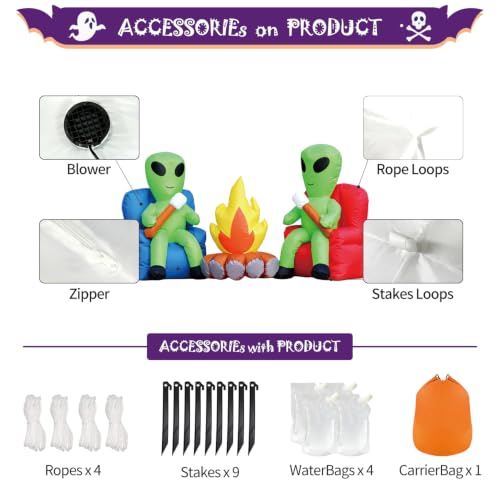 Halloween Inflatable Decor Alien Campfire - Cute Roasting Marshmallows with Built-in LEDs