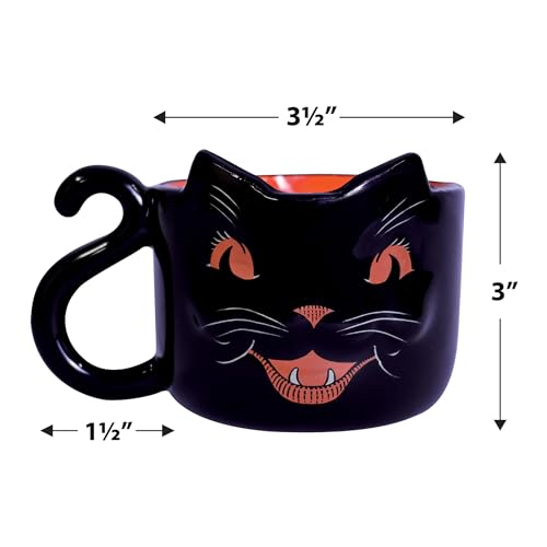 Black Cat Halloween Mug - Vintage Ceramic Coffee Cup with Orange Interior, 12 Oz