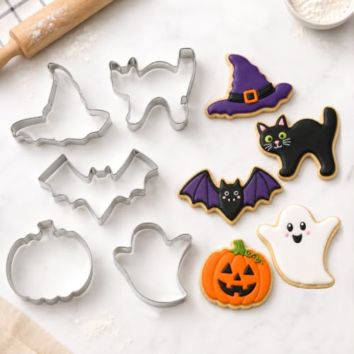 Halloween Cookie Cutters Set - Stainless Steel Bat Witch Hat Pumpkin Ghost Cat with Variation - Silver Halloween Baking Molds