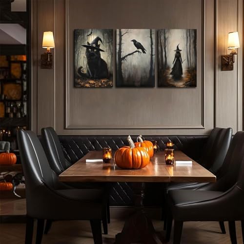 Halloween Wall Art Set Gothic Paintings Black Cat Crow Witch Canvas 16x12 Inches
