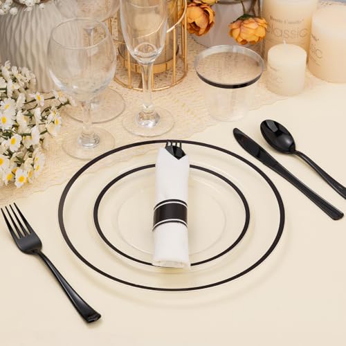 Black and Clear Disposable Plastic Plate Set for 25 Guests - 175 Pieces