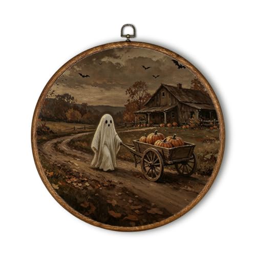 Farmhouse Halloween Round Wall Art Decor 10x10 Inch - Wooden Frame