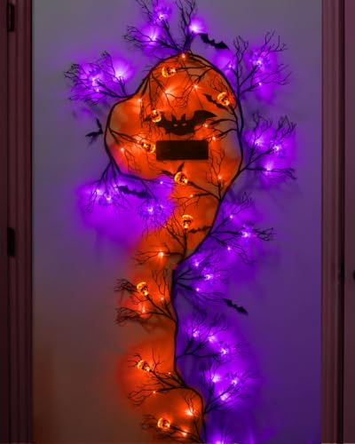 Halloween Vine Lights with Bat & Pumpkin - 9Ft, 66 LEDs, 8 Modes, Timer, Indoor Outdoor Decor