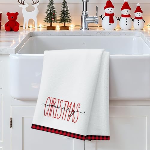 Christmas Buffalo Plaid Kitchen Towels Set of 2 - Black & Red Tree Pattern, 18x26 Inches