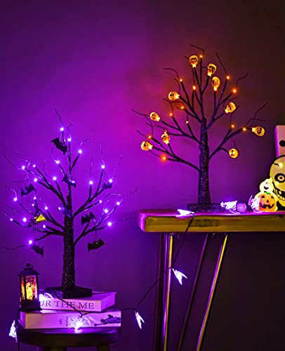 Orange Halloween Tree with 24LED Lights & Pumpkin Ornaments - 18IN Indoor Tabletop Decor