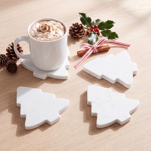 4pcs White Marble Christmas Tree Coasters - Holiday Drink Protectors with Silicone Feet - 4.7x3.9 Inches - Variation: White 2