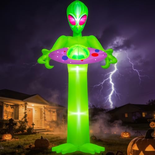 10FT Tall Inflatable Alien with UFO Halloween Outdoor Decoration - Sci-Fi Yard Inflatable with Lights & Stakes