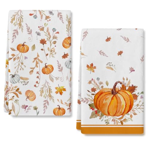 Orange Leaves Pumpkin Fall Kitchen Towels Set - Ultra-Soft Dish Towels, 2 Pack