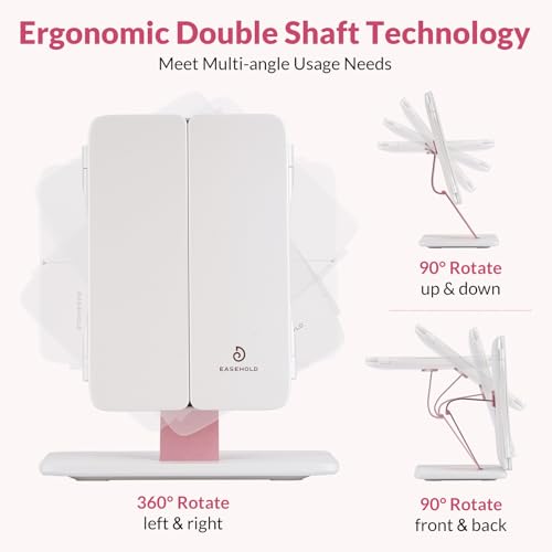 EASEHOLD Foldable Tri-Fold Lighted Makeup Vanity Mirror with 60 LED Lights, 1X/2X/3X Magnification, Touch Control Dimming, 3000mah Rechargeable, 360° Rotation, Portable Travel Folding Compact Mirror