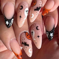 Halloween French Tip Press On Nails - Medium Almond Glitter Pumpkin Ghost Bat Design - 8-Cute Spooky Bat Variation