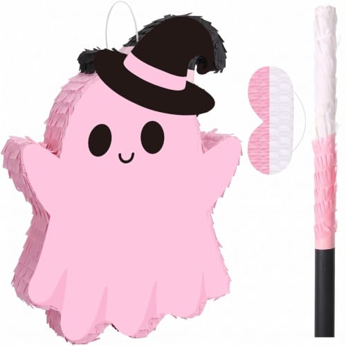 Lovely Pink Ghost Piñata Halloween Party Decoration with Bat Stick & Blindfold - Halloween Piñata Set