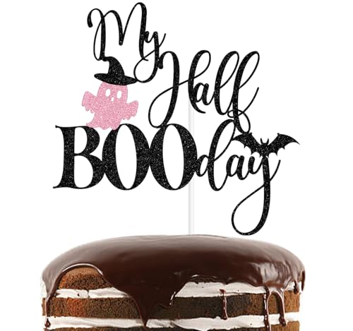 Halloween Half Birthday Cake Topper Pink Glitter Spooky Celebration Decor