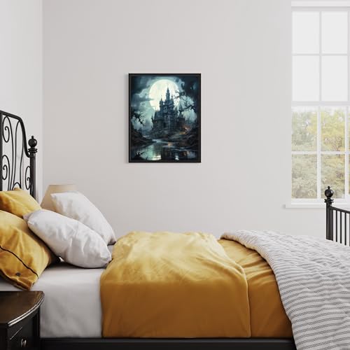 Framed Haunted Castle Halloween Wall Art - Spooky Vintage Poster, 20x16 Inches