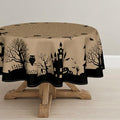 Halloween Tablecloth 90x90 Inch Round Castle Tree Scary Themed Beige