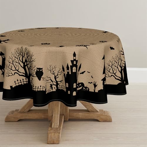 Halloween Tablecloth 90x90 Inch Round Castle Tree Scary Themed Beige