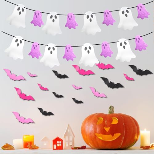 Pastel Halloween Decor Set with Ghost Banners, Bat Stickers & Spider Web Table Runner