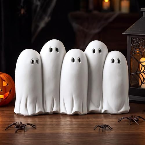 Gerrii Cute Ghost Halloween Table Decor - Classic White Resin Ghosts - Set of 5