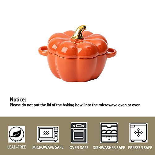 Orange Pumpkin Bowl Set with Lid & Handle, 14 Oz Ceramic Ramekins for Baking & Serving