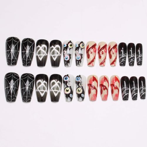 Halloween Long Square Press-On Nails with Eyeball Blood Drip Pentagram Design - Variation 15