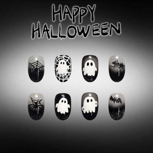 Halloween Press On Nails - Medium Oval Black Ghost Pumpkin Spiderweb Style-39, 24Pcs