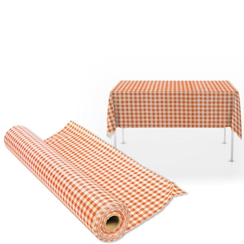 Orange Gingham Plastic Tablecloth Roll 40 x 100 ft for Parties & Events