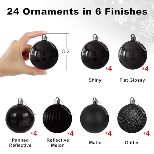 24pcs Large 3.2 Inch Black Christmas Tree Ornaments - Shatterproof Holiday Decorations