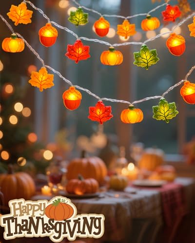 Multicolor Fall String Lights 10Ft Battery Operated 20 LED Acorn Pumpkin Maple Leaf with 8 Modes