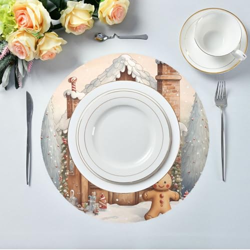 Christmas Snow Gingerbread Man Round Placemats Set of 6 - Holiday Table Decor - Washable & Heat Resistant - 15.4 inch - Variation 8