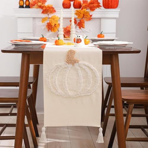 Halloween Beige Pumpkin Embroidered Table Runner 13x90 with Tassels - Pack of 1