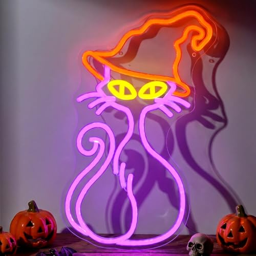 Witch Cat Neon Sign Wall Decor - 15.75x10.08 Inch LED Halloween Light with Dimmer